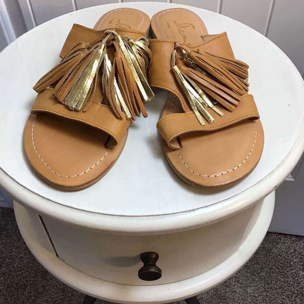 Skemo Bohéme Leather Tassel Slide Sandals Size 9 Tan Gold Boho Summer Chic - Picture 4 of 8